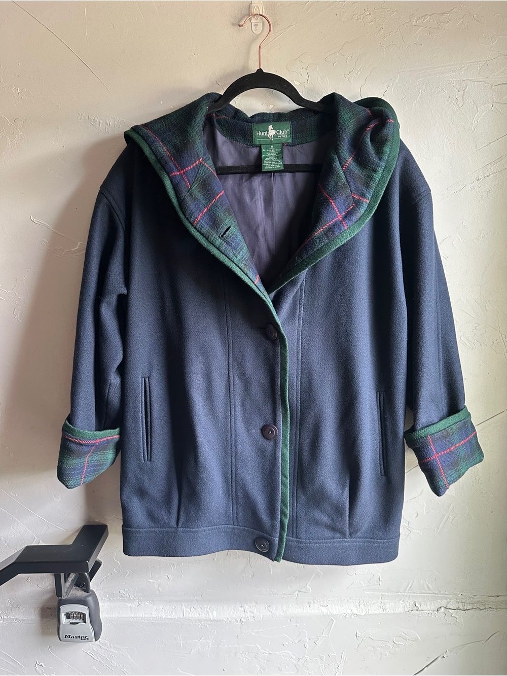 Hunt Club Wool Cocoon Coat Navy Tartan Hooded Preppy Nautical East Coast Size 8